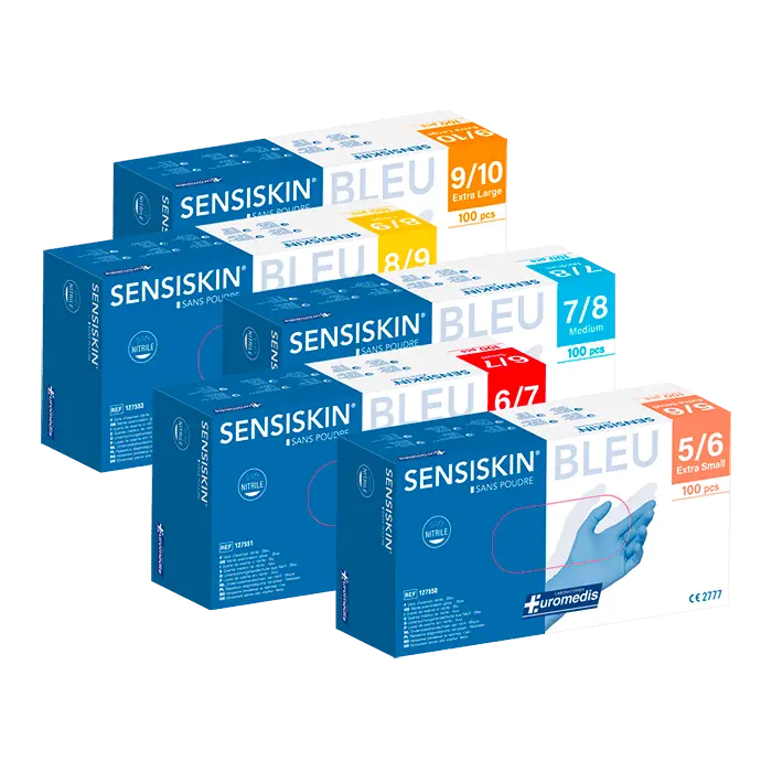 Gants Nitrile NP Bleu SENSISKIN 240 mm Manchette normale - Boite de 100