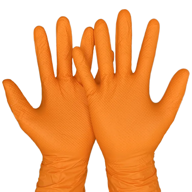 GANTS NITRILE ORANGE SANS POUDRE 240 mm Texture diamant - Boite de 100