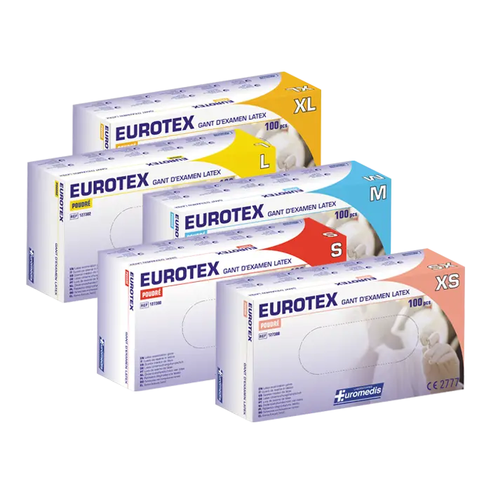Gant d'examen en latex POUDRE 240 mm - EUROTEX - boite de 100