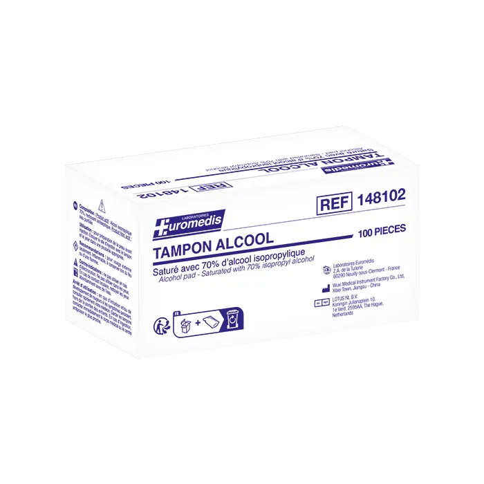 Tampons imprégnés d'alcool à 70%. -  Boite de 100