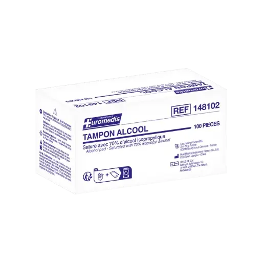 [tp-alc-100] Tampons imprégnés d'alcool à 70%. -  Boite de 100