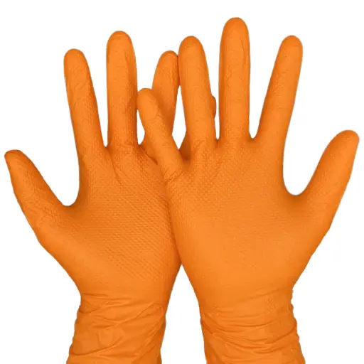 GANTS NITRILE ORANGE SANS POUDRE 240 mm Texture diamant - Boite de 100